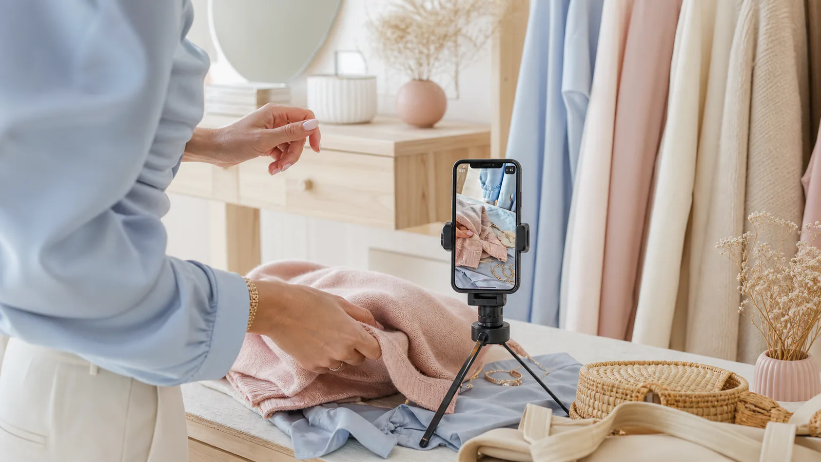 Erwachsene Creatorin produziert anonym Outfit- und Lifestyle-Content mit einem Smartphone