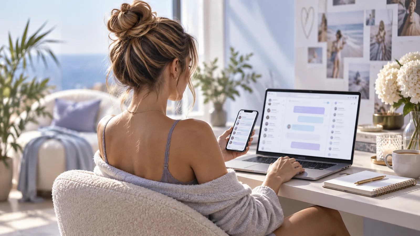 Volljährige Creatorin organisiert Nachrichten an Laptop und Smartphone in einem hellen Studio