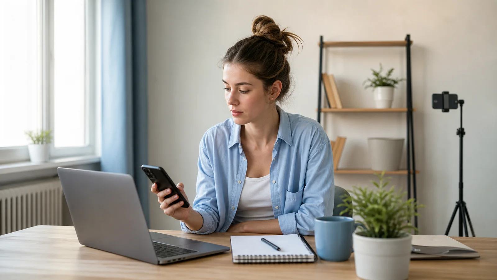 Volljährige Creatorin startet ohne bestehende Follower mit Smartphone und Laptop