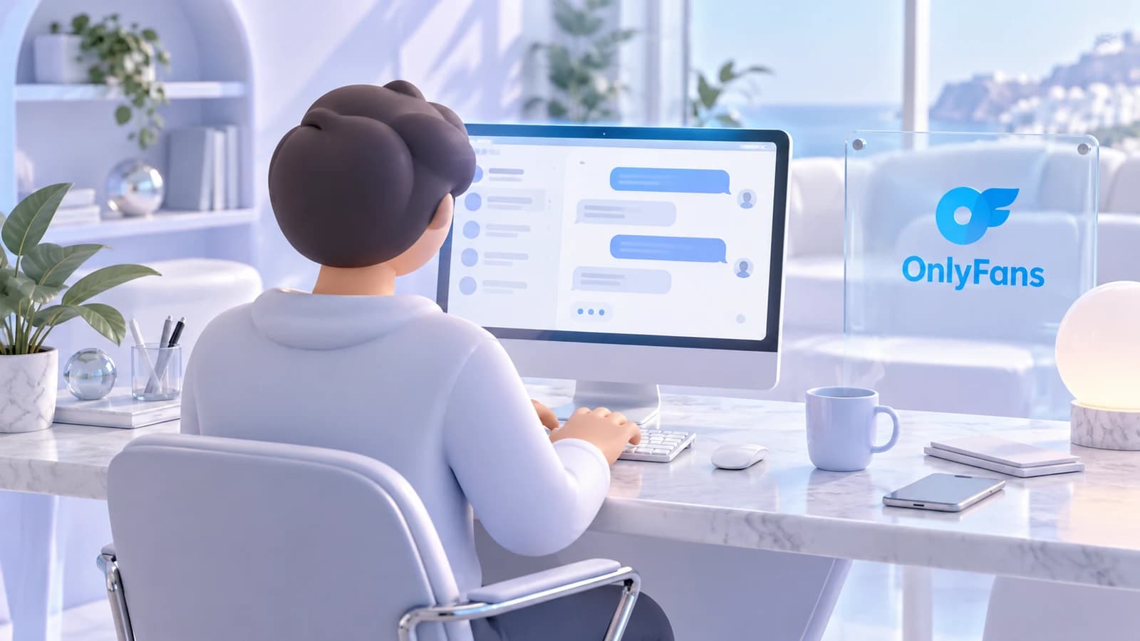 Neutrale Figur schreibt Nachrichten am Computer, OnlyFans-Logo im Hintergrund